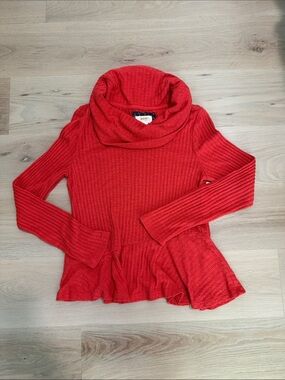 Anthropologie Red Ribbed Cowl-Neck Peplum Sweater
